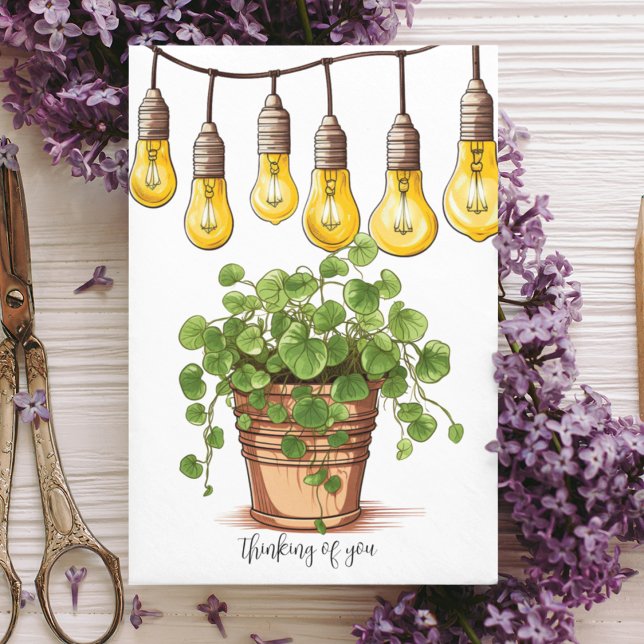 Potted Plant with Garden String Lights  Thank You Card (Cue leafy plant with garden bulbs on a customizable greeting card.  Illustrations inside. )