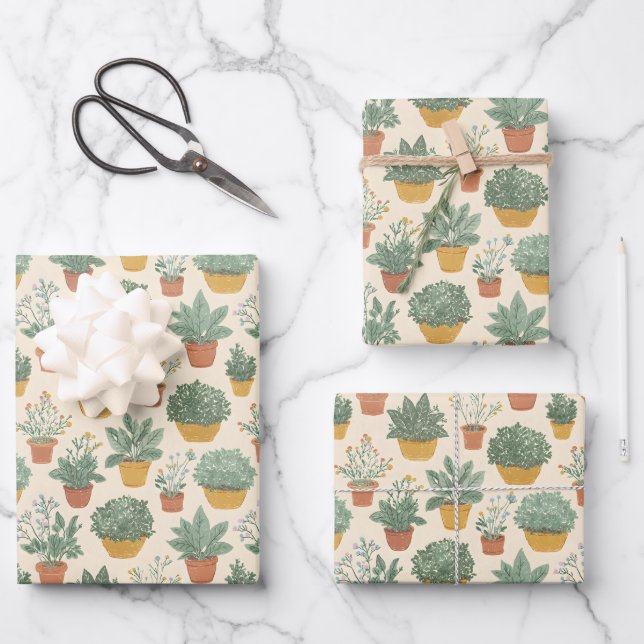 Potted Plants Botanical Illustration Style Medium Wrapping Paper Sheets (Front)