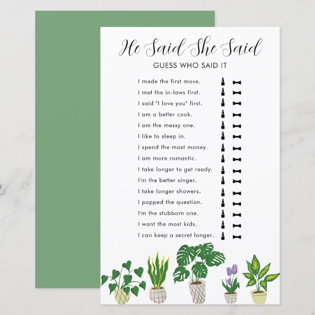 Potted Plants Bridal Shower Game He Said She Said (Front/Back)