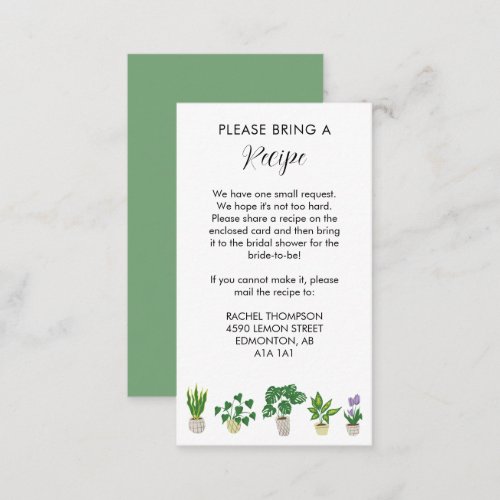 Potted Plants Bridal Shower Recipe Request Card