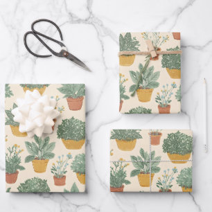 Potted Plants Flowers Botanical Illustration Style Wrapping Paper Sheets