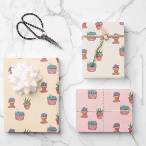 Potted Plants Succulents and Cacti Watercolor Gift Wrapping Paper Sheets