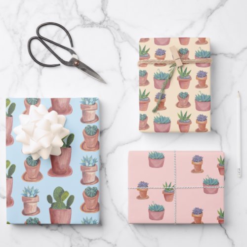 Potted Plants Succulents and Cacti Watercolor Gift Wrapping Paper Sheets