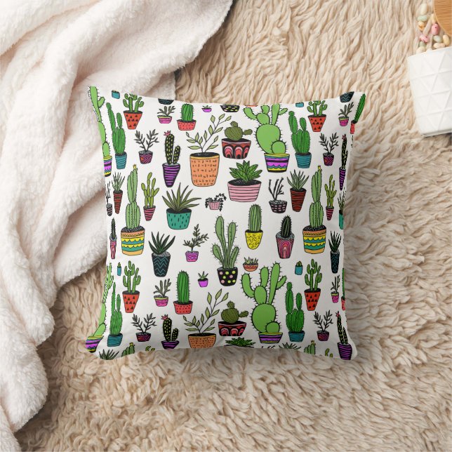 Potted Plants Succulents Cacti Cute Bright Pattern Throw Pillow (Blanket)