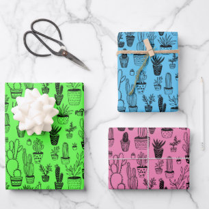 Potted Plants Succulents Cacti Handmade Neon Gift Wrapping Paper Sheets