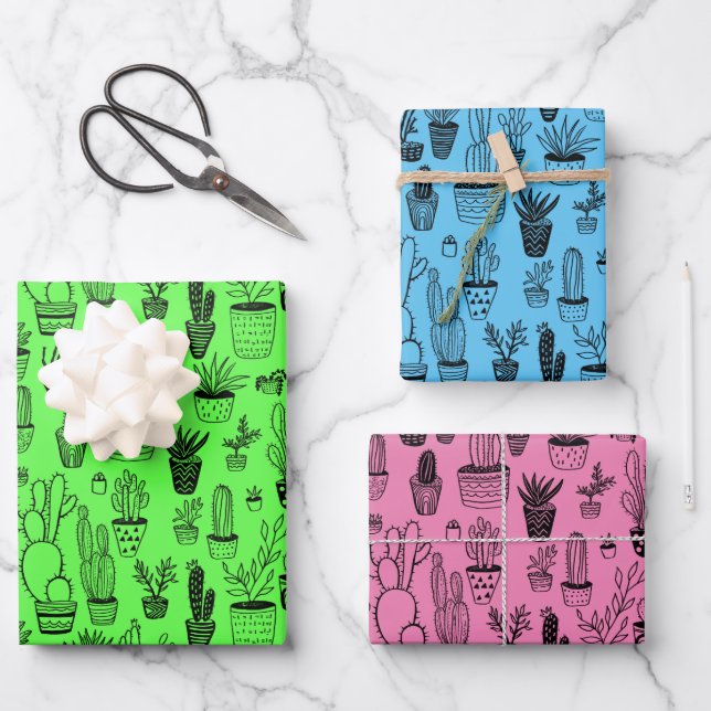 Potted Plants Succulents Cacti Handmade Neon Gift Wrapping Paper Sheets (Front)