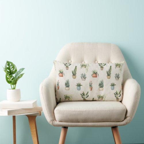 Potted Plants Watercolor Design Lumbar Pillow