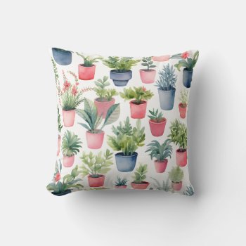 Potted Plants Watercolor Pattern Leaves Throw Pillow by HappyThoughtsShop at Zazzle