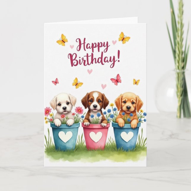 Potted Pups Birthday Card (Front)
