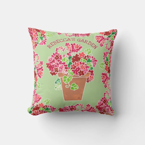 Potted Red Geraniums Floral Monogrammed Name Outdoor Pillow