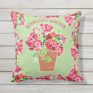 Potted Red Geraniums Floral Monogrammed Name Outdoor Pillow