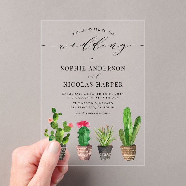 Potted Succulents and Cactus Boho Wedding  Acrylic Invitations (Insitu (Handheld))