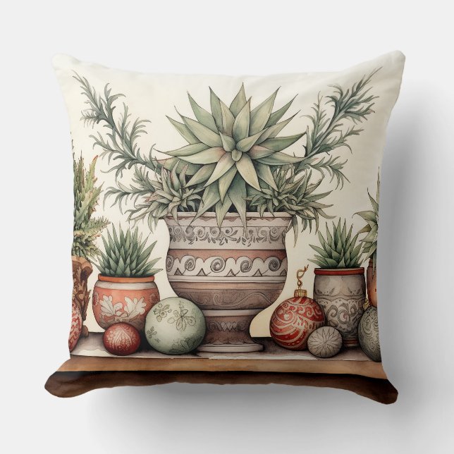 Potted Succulents Southwestern Christmas Holiday Throw Pillow (Front)
