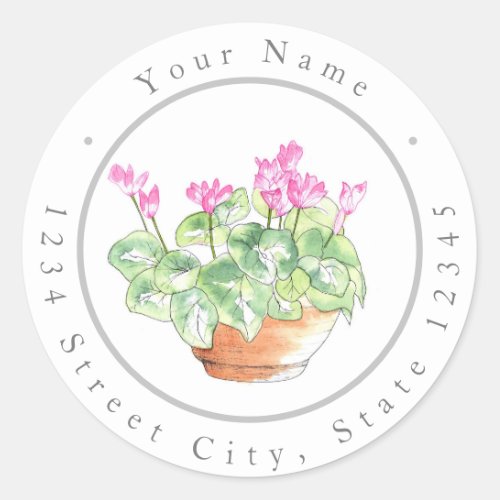 Potted Watercolor Cyclamen Classic Round Sticker