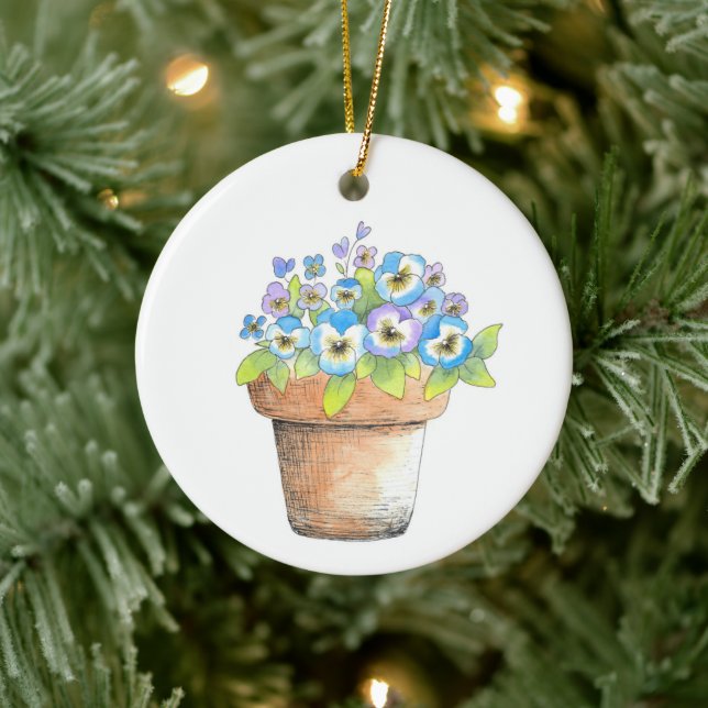 Potted Watercolor Pansies Ceramic Ornament (Tree)