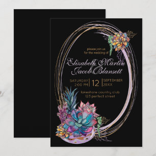 Potted Watercolor Succulent, purple black Wedding Invitation