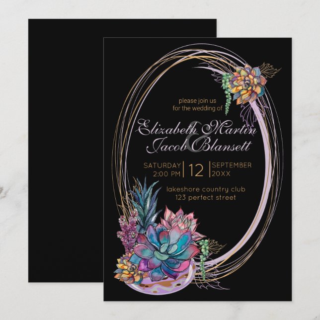 Potted Watercolor Succulent, purple black Wedding Invitation (Front/Back)
