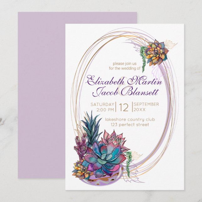 Potted Watercolor Succulent, purple Wedding Invitation (Front/Back)