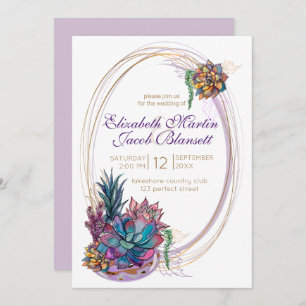 Potted Watercolor Succulent, purple Wedding Invitation