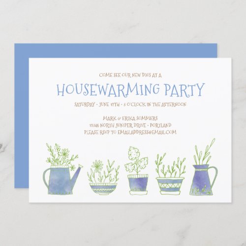 Pottery and Plants Housewarming Party Blue Invitation