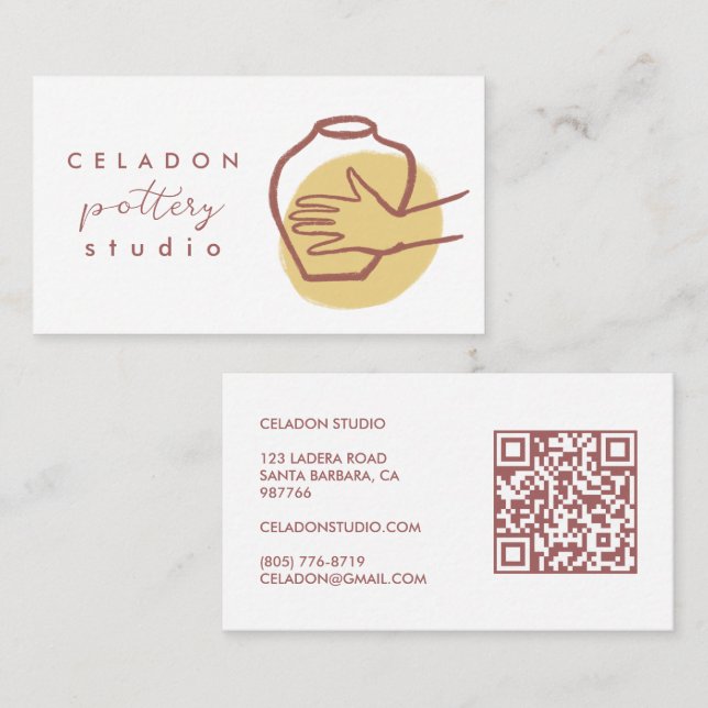 POTTERY Ceramics Studio Elegant Hand-drawn QR Code Business Card (Front/Back)