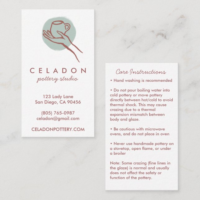 POTTERY Handmade Ceramics CARE Instructions  Business Card (Front/Back)