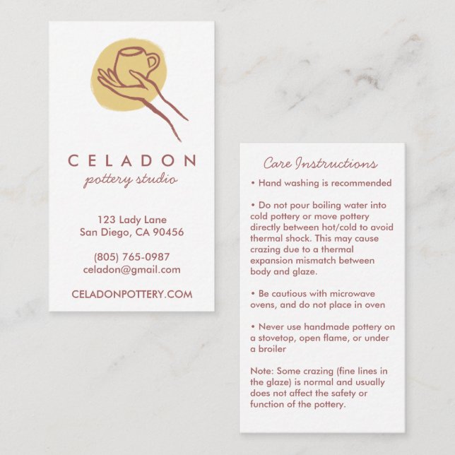 POTTERY Handmade Ceramics CARE Instructions  Business Card (Front/Back)
