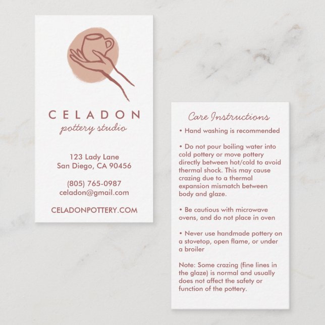POTTERY Handmade Ceramics CARE Instructions  Business Card (Front/Back)
