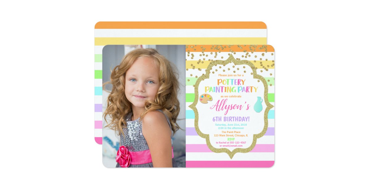Pottery Painting Paint Birthday Rainbow Photo Invitation Zazzle Com
