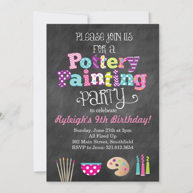 Pottery Painting Party Chalkboard Style Invitation (Front)