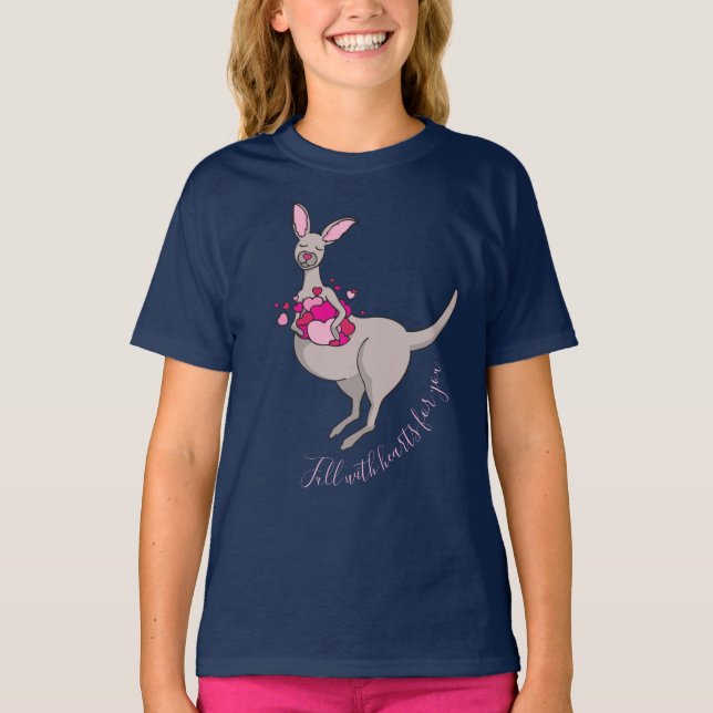 Pouch of pink hearts grey kangaroo graphic t-shirt (Front)
