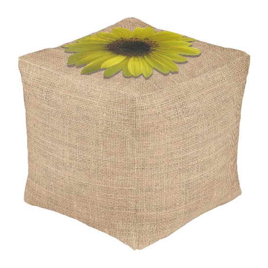Pouf - Cube - Burlap and Rain-Drenched Sunflower