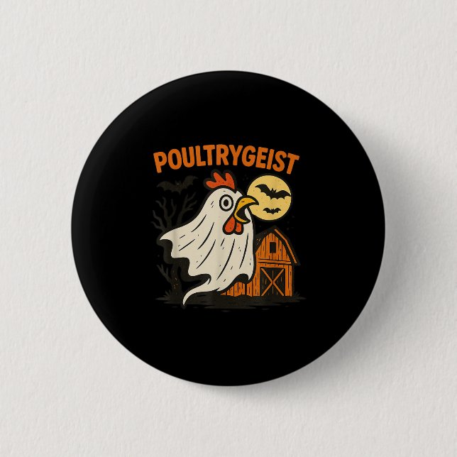 Poultrygeist Funny Chicken Ghost Halloween Pun Des Button (Front)