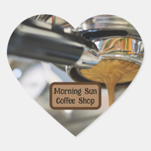 Pouring Espresso from Coffee Machine Business Name Heart Sticker