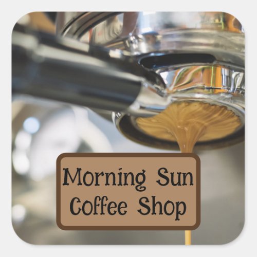 Pouring Espresso from Coffee Machine Business Name Square Sticker