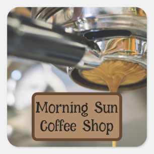 Pouring Espresso from Coffee Machine Business Name Square Sticker