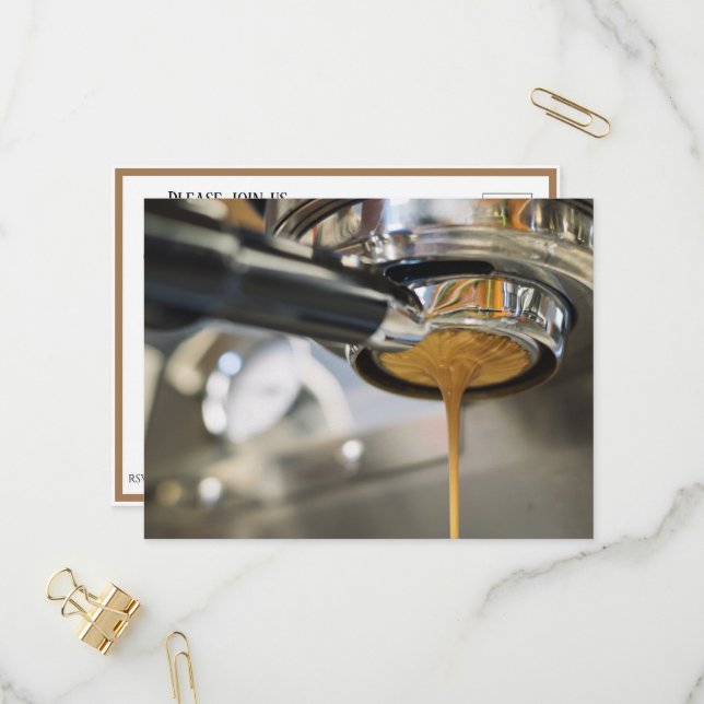 Pouring Espresso from Coffee Machine Invitation Postcard (Front/Back In Situ)