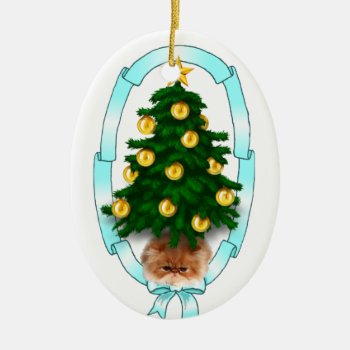 Pouty Christmas Tree Cat Ceramic Ornament by artisticcats at Zazzle