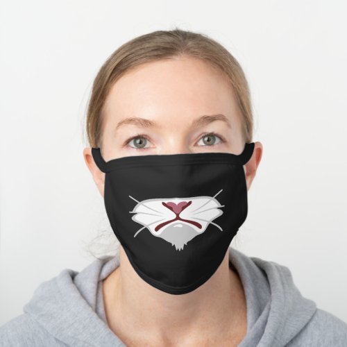 Pouty Kitty White Pink Nose Whiskers Cat Black Cotton Face Mask