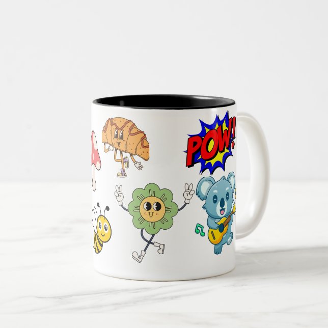 POW! Characters - Retro Cartoon Fun Design Two-Tone Coffee Mug (Front Right)