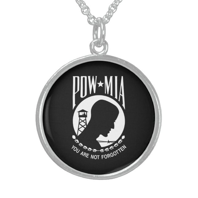 POW MIA Flag: Missing Soldiers of Vietnam War, WW2 Sterling Silver Necklace (Front)