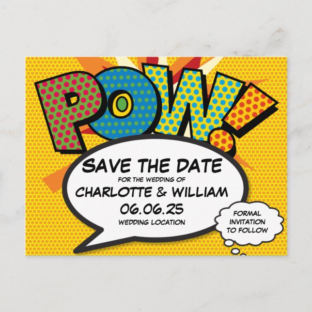 POW Save the Date Fun Retro Comic Book Pop Art Announcement Postcard (Front)