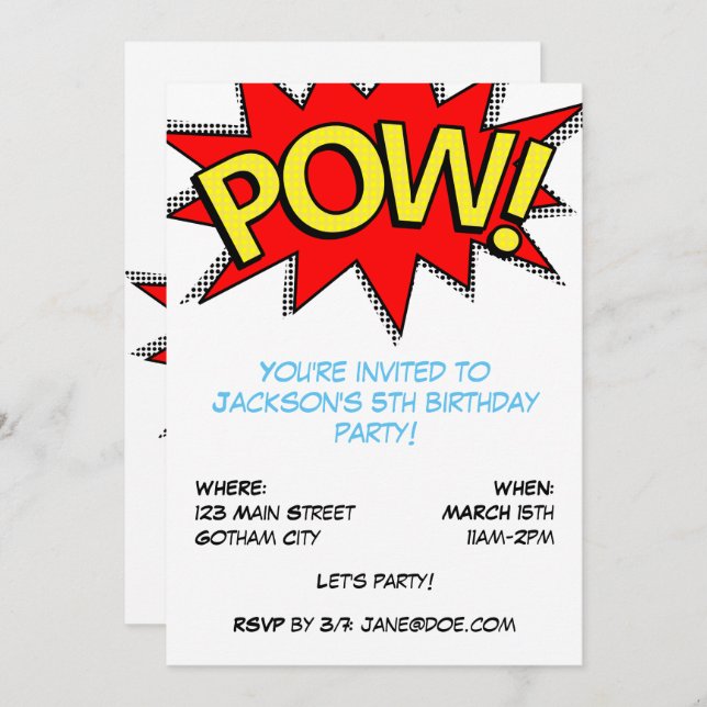POW! Superhero Comic Book Birthday Party Template (Front/Back)