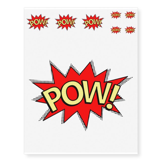 POW! - Superhero Comic Book Red/Yellow Bubble Temporary Tattoos (Front)