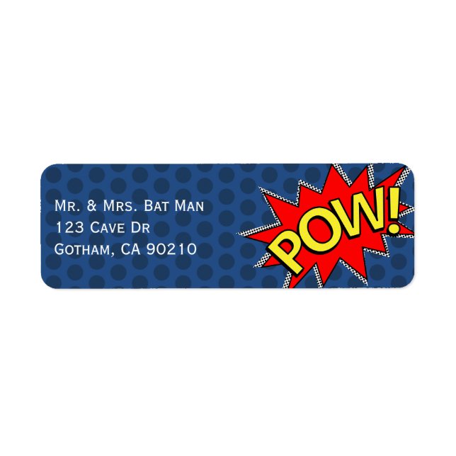 POW! - Superhero Comic Book Style Dark Blue Dotted Label (Front)