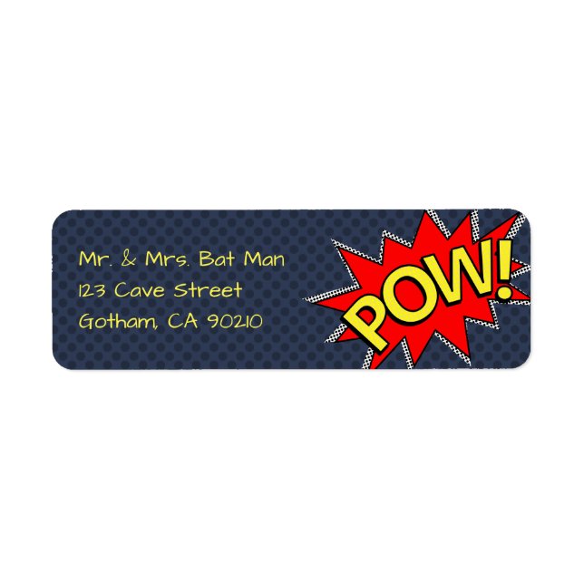 POW! - Superhero Comic Book Style Dark Blue Dotted Label (Front)