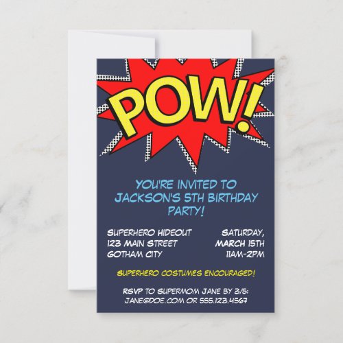 POW Superhero Comic Book Style Red Blue  Yellow Invitation