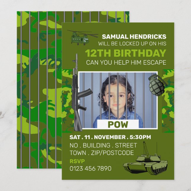 POW, War Themed Escape Room, Birthday Party Invitation (Front/Back)
