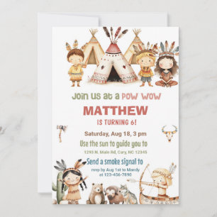 Pow Wow Native American Indians birthday invite. Invitation