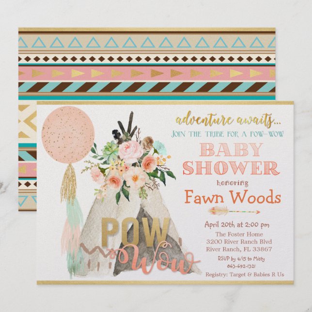 Pow Wow Tribal Teepee Tipi Baby Shower Invitation (Front/Back)